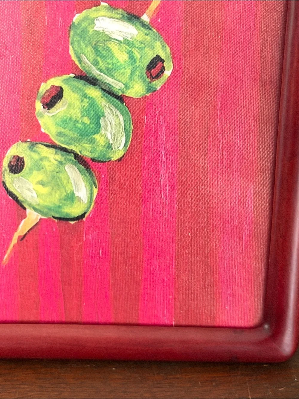 Olives on Toothpick Red & Pink Stripe Canvas Art Print Wood Framed Mediterranean